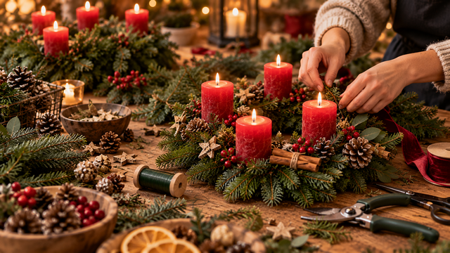 Gemütliche_Adventskranz-Werkstatt_mit_Kerzen
